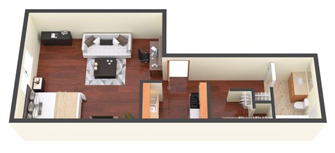 an overhead view of a room with a bedroom and a living room